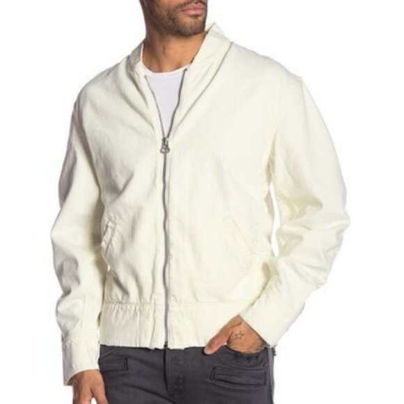 Hudson Cream Distressed Zip Up Bomber Denim Jacket Size XL - Picture 1 of 7